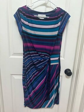 Danny & Nicole Striped Teal, Navy & Purple Knot-Front Midi Dress size small